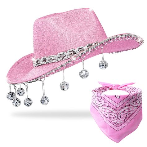 PRICES MAY VARY. Cowgirl Hat Set: You will receive a disco ball cowboy hat with Bandana. We have two colors for you to choose from, pink and hot pink. There is a matching sequin trim around the brim of the cowboy hats for women, and the front of the hat is decorated with disco balls and comes with an adjustable neck drawstring High Quality: Our cowgirl hats women are made of high-quality materials to maintain their shape and maintain their dazzling shine for your disco pink cowgirl hat. They are Disco Ball Cowboy Hat, Disco Cowgirl Hat, Pink Disco Cowgirl, Men Costume, Pink Disco, Pink Cowboy Hat, Disco Cowgirl, Pink Cowgirl, Giddy Up Glamour