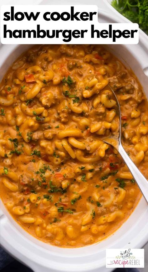 This Slow Cooker Hamburger Helper is easily made entirely in the Crockpot, with ground beef and macaroni in a cheesy, tomato-y sauce with extra veggies! It's hearty comfort food made easy! #slowcooker #crockpot | crockpot meals | slow cooker recipes | ground beef recipes | comfort food | family dinner ideas | macaroni | easy dinner recipes | one pot meals Crock Pot Dinner Ground Beef, Crockpot Meal Hamburger Meat, Burger Meat Crockpot Recipes, Slow Cooker Meal With Ground Beef, Fall Recipes Ground Beef, Crockpot Hamburger Recipes Healthy, Hamburger Helper Slow Cooker, Ground Beef Dump Recipes Crock Pot, Crockpot Recipes 3 Ingredient