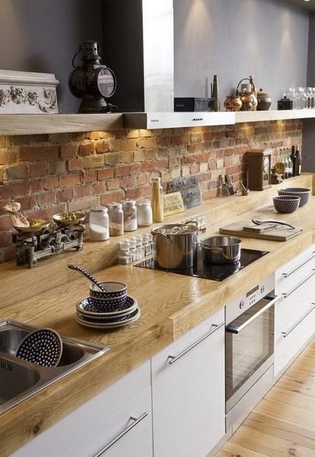 25 Exposed Brick Wall Designs Defining One of Latest Trends in Modern Kitchens Brick Slips Kitchen, Brick Wall Kitchen, Brick Slip, Brick Slips, Scandinavian Kitchen Design, Brick Kitchen, Small Kitchen Storage, Brick Backsplash, Wall Kitchen