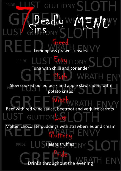 Seven Deadly Sins Dinner Party, 7 Deadly Sins Party Decorations, 7 Deadly Sins Dinner Party, Saints And Sinners Party, Seven Deadly Sins Party, Halloween Menu Template Free, Seven Deadly Sins Poster Wanted, Prawn Skewers, Halloween Cooking