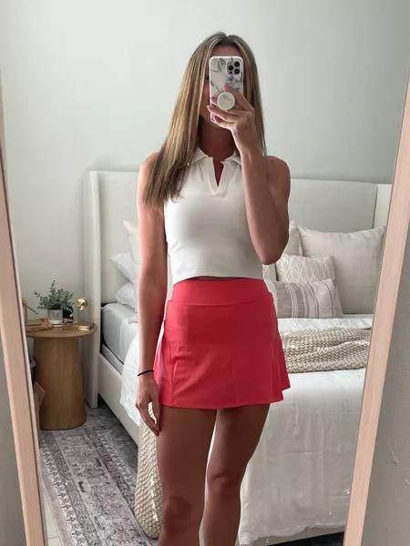 Ladies golf skirt, pickleball, tennis skirt, amazon fashion, fitness, athletic skirt, polo, ladies golf attire, skirt, white polo Red Golf Skirt Outfit, White Golf Skirt Outfit, Golf Skirt Outfit, Womens Golf Outfit, Ladies Golf Attire, Golf Attire Women, Womens Golf, Golf Skirt, White Collared Shirt