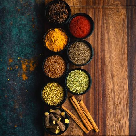 Indian spices food photograph Spices Photography Food Styling, Indian Spices Photography, Arabic Food Photography, Dishes Photography, Food Colors Palette, Herb Photography, Spices Photography, Indian Food Photography, Food Photography Composition