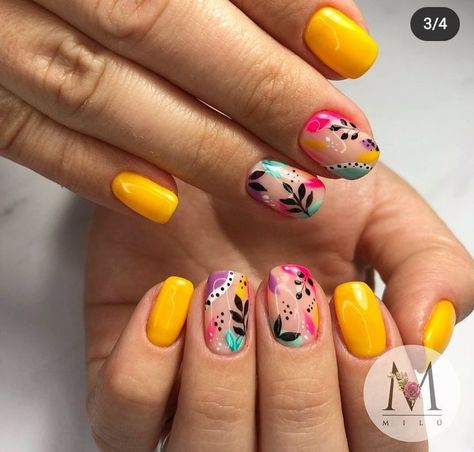 Spring Nails 2023 Bright Colors, Yellow Sun Nails Design, Fluorescent Nail Designs, Dotticure Nail Art, Yellow Nail Designs Summer, Funky Nails Short, Island Nails Tropical, Fiesta Nails, Talavera Nail Art