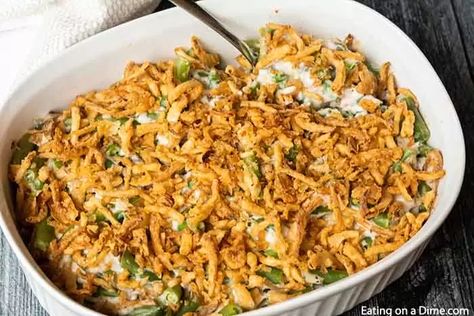 This delicious Green bean casserole recipe is sure to be a hit. From the crispy topping to the creamy sauce, this easy side dish is perfect for any occasion. Learn how to make the best recipes for Thanksgiving. You can use fresh or frozen green beans in this classic Frenchs onion casserole. #eatingonadime #greenbeancasserolerecipe #campbells Simple Green Bean Casserole Recipe, Green Bean Casserole From Scratch, Traditional Green Bean Casserole, Delicious Green Beans, Homemade Green Bean Casserole, Green Bean Casserole Recipe, Green Bean Casserole Easy, Easy Green Beans, Mushroom Sauce Recipe