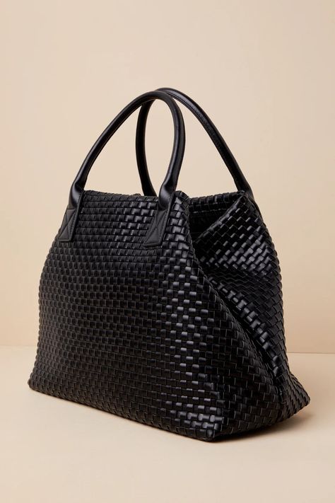 A boss babe like you needs something as stylish and sensible as the Lulus Big Time Moves Black Woven Oversized Tote Bag! Smooth, woven vegan leather shapes this versatile tote with an oversized silhouette and a flat bottom design. Collapsing sides come together at a top-tying detail that secures the spacious, lined interior with a sidewall pouch and a zippered pocket, perfect for keeping all of your valuables safe. Twin tote handles makes it a breeze to carry with you, wherever you're headed! Luxury Tote Bags, Work Tote Bag, Black Weave, Bottom Design, Oversized Tote Bag, Oversized Tote, Work Tote, Woven Tote Bag, Large Handbags