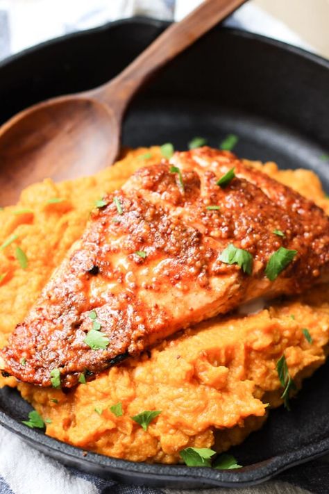 Salmon With Sweet Potato, Mustard Glazed Salmon, Paleo Seafood Recipes, Sweet Potato Mash, Salmon Glaze Recipes, Salmon And Sweet Potato, Mustard Salmon, Maple Mustard, Seafood Entrees