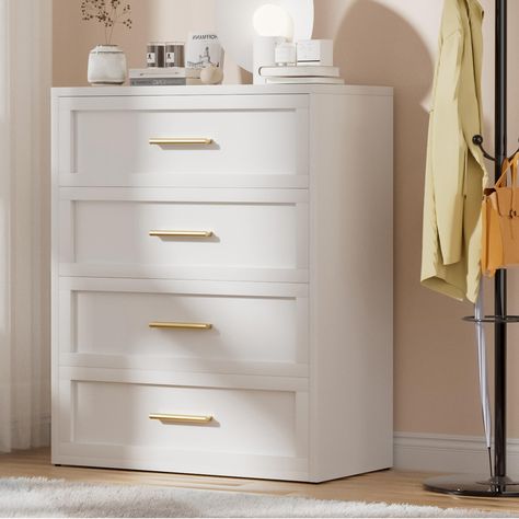 PRICES MAY VARY. Sleek and Modern: the white finish and sleek design of this white metal dresser add a modern touch to any room, making it a stylish addition for any decor; the gold metal pull handles add appealing detail to this modern dresser Spacious Storage: this 4 drawer dresser offers ample storage space for a variety of daily necessities, keeping your living and working space neat and tidy; its top expands extra storage space to help you easily organize your room and keep it organized Smo White Gold Room Decor, Small Space Bedroom Storage, Drawer Dresser, Chandelier For Closet, Closet Dresser Ideas, Dressers Tall, Cute Dressers For Bedroom, White Dressers, Dresser Bedroom