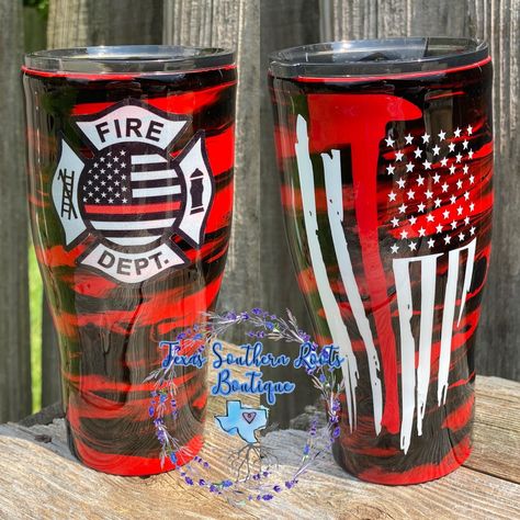 Firefighter Cup Ideas, Firefighter Tumbler Ideas, Firefighter Cups, Epoxy Mugs, Creative Coasters, Firefighters Wife, Firefighter Jacket, Firefighter Life, Granny Stripe Crochet