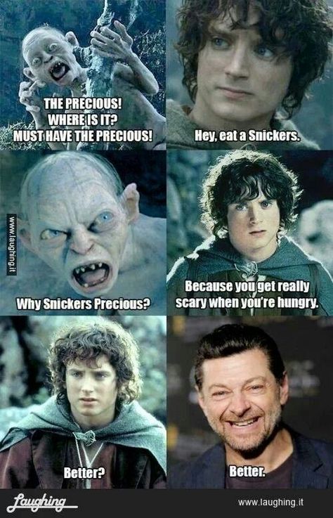 Here Smeagol, have a snickers. This probably shouldn't make me laugh so much. Lotr Crafts, Hobbit Funny, Funny Koala, Lotr Funny, Peter Jackson, The Rake, Misty Mountains, Into The West, Crafts And Diy