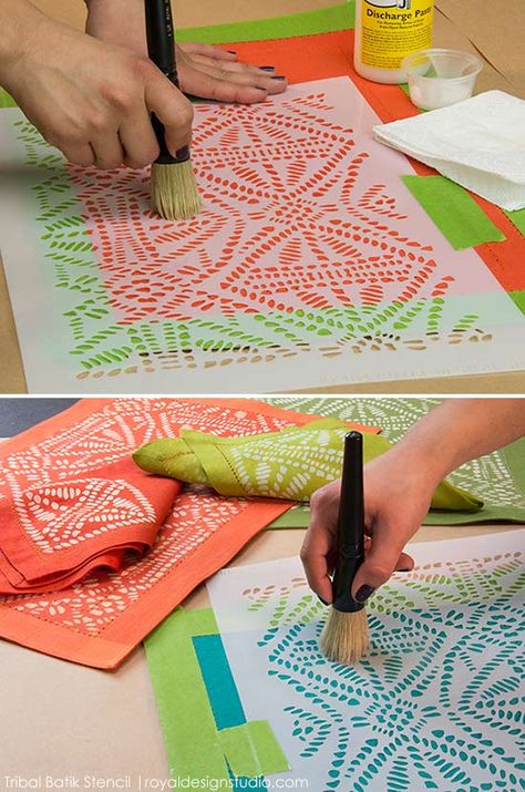 How to Stencil: Tribal Batik Place Mats With Discharge Paste :: Hometalk Geomagnetic Design, Batik Furniture, Batik Diy, Painting Fabric Furniture, Furniture Stencil, Royal Design Studio Stencil, Stencil Fabric, Motif Art Deco, Stencil Printing