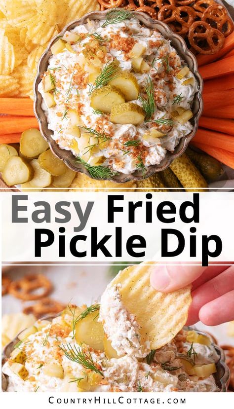 Get the party started with fried pickle dip! This easy-to-make dip is creamy, rich, and loaded with tangy and savory flavors from chopped dill pickles, ranch, and a crispy panko bread crumb topping. This 15-minute appetizer is perfect with chips, crackers, and veggies. The blend of creamy and crispy make this cold dip so addictive. Pair it with crackers, chips, pretzels, or veggies, or use it in a sandwich – no matter how you enjoy this dip, you will fall in love! | CountryHillCottage.com Pickle Christmas Tree Appetizer, Recipes With Pickles, Fried Sides, Fried Pickle Dip, Easy Fried Pickles, Pickle Pops, Fried Pickle Chips, Fried Dill Pickles, Cold Dip