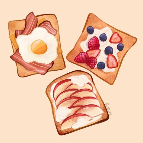 French Toast Illustration, Toast Drawing, Drink Doodles, Bread Toppings, Plate Drawing, Cafe Window, Brunch Club, Cookbook Design, Studying Food