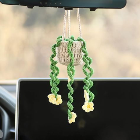 Cute Crochet Accessories, Car Basket, Rearview Mirror Accessories, Diy Crochet Hook, Car Mirror Hanging Accessories, Car Mirror Hanging, Mirror Accessories, Crochet Decor, Crochet Car