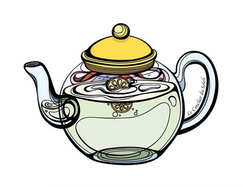 Print depicting a clear see through teapot filled with green tea, a lemon, and colorful steam that resembles a sunset. The phrase "Le Coucher Du Soleíl" is displayed within the handle of the teapot. Steam Illustration, Green Tea, Steam, Tea Pots, Illustrator, Lemon, Tea, Green