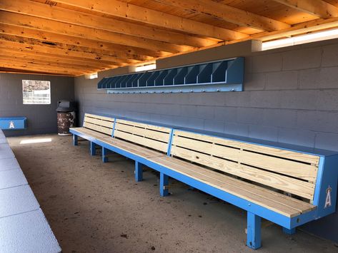 A great addition to any level Baseball or Softball field Dugout benches come with angled backs & upper level seats for comfort during games. Extremely sturdy will last a lifetime. Frames painted color of choice and team logos included on the side panels at no additional cost. Dugout Organization, Softball Dugout, Coach Soccer, Frames Painted, Softball Field, Baseball Dugout, Sports Theme Classroom, Backyard Baseball, Baseball Ideas