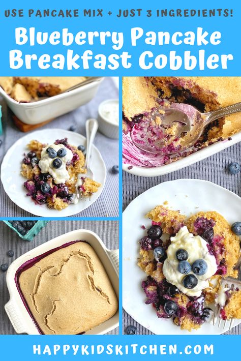 Blueberry Pancakes but without standing at the stove! This Breakfast Cobbler is just fruit and pancake batter baked together. So Easy! Use any pancake mix you like (grain-free, gluten-free, high protein) or use the whole wheat pancake recipe provided. Can use any fruit too. #pancakemixhack #blueberrypancakes #bakedpancake Boxed Pancake Mix Recipe, Snow Day Breakfast, Whole Wheat Pancake Recipe, Breakfast Cobbler, Homemade Pancake Batter, Wheat Pancake Recipe, Easy Homemade Pancakes, Fruit Pancakes, Blueberry Pancake