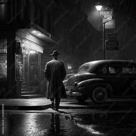 Film noir scene - a man in the rain Stock Illustration | Adobe Stock Film Noir Aesthetic, Woman In The Rain, Noir Woman, Noir Detective, In The Rain, Photo Illustration, The Rain, South America, Adobe Stock