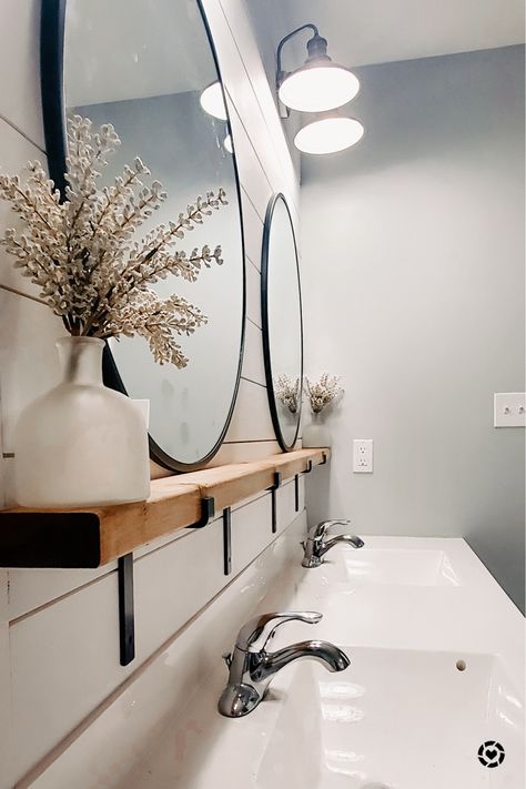 Master bathroom decor. @liketoknow.it @liketoknow.it.home #liketkit #LTKhome #LTKstyletip #LTKunder50 http://liketk.it/37TSv Shelf Above Sink, Shiplap Bathroom Wall, Farmhouse Bathroom Mirrors, Bathroom Mirror With Shelf, Bathroom Design Small Modern, Shiplap Bathroom, Vanity Shelves, Floating Shelves Bathroom, Wall Mirror With Shelf