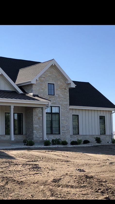 Stone Waynes Coating Exterior, Brick House With Siding Exterior Colors, Fieldstone House Exterior, Metal And Stone House Exterior, Stone And Hardy Plank Exterior, Balanced Beige Exterior, Farmhouse Stone Exterior, River Rock House Exterior, Off White Exterior House