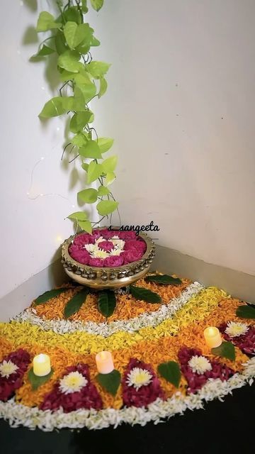 Stairs Decoration With Flowers, Flower Rangoli For Diwali Festivals, Corner Rangoli Designs With Flowers, Corner Flower Rangoli, Diwali Corner Decoration, Narak Chaturdashi Rangoli, Stair Corner, Diwali Decoration Lights, Decoration Things