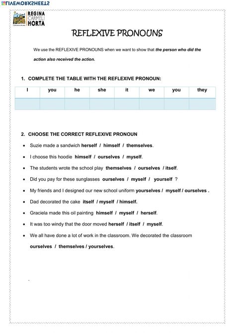 Reflexive Pronouns Activities, Reflexive Pronouns Worksheet, Pronouns Exercises, Reflexive Pronouns, English Language Learning Activities, Pronoun Activities, Tenses English, English Grammar Exercises, English Grammar For Kids