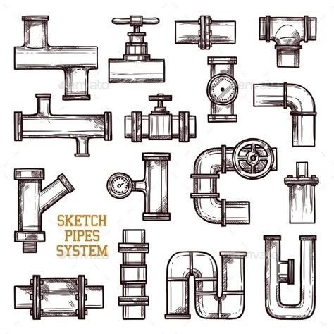 Sketch Pipes System by macrovector | GraphicRiver Steampunk Drawing, Steampunk Patterns, Steampunk Illustration, Doodle Vector, Draw Easy, Industrial Design Sketch, Vector Sketch, Steampunk Design, Metal Pipe