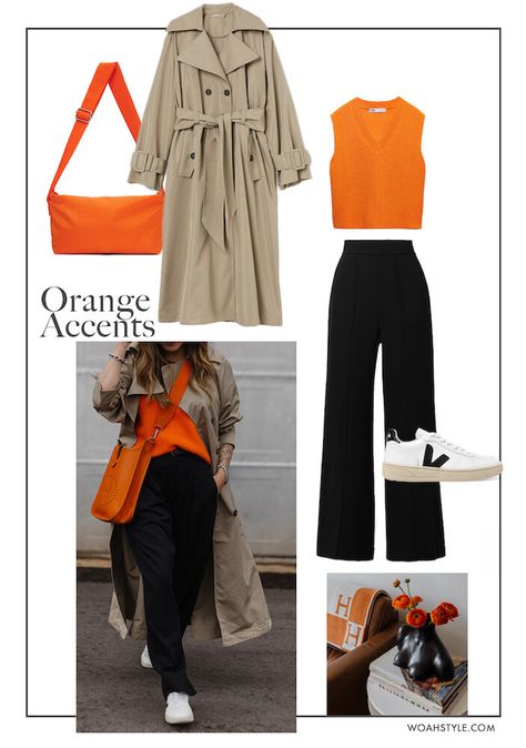 Spring Orange Outfits, Orange And Gray Outfit Ideas, Orange Bag Styling, Orange Bag Outfit Winter, What Colour Goes With Orange, Orange Shirt Outfit Ideas, Orange Bags Outfits, Orange Knit Vest Outfit, Orange Trainers Outfit