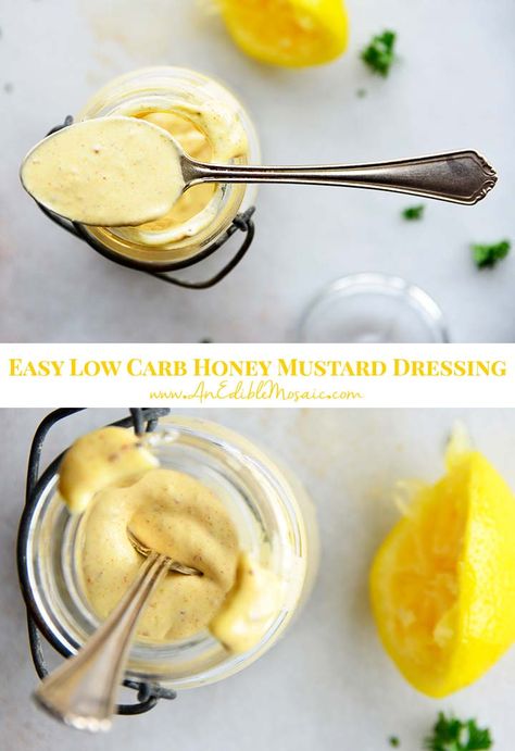 Low Carb Honey Mustard Dressing Honey Mustard Dressing Recipe, Mustard Dressing Recipe, Easy Honey Mustard, Honey Mustard Salad Dressing, Keto Salad Dressing, Sugar Free Honey, Honey Mustard Salmon, Honey Mustard Dipping Sauce, Keto Sauces