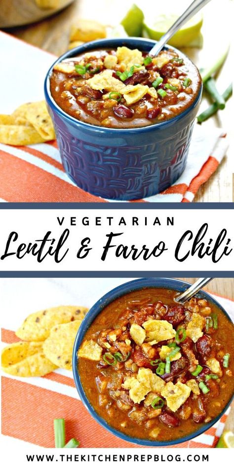 Farro Chili, Easy Vegetarian Chili, Vegetarian Chili Easy, Cooking Vegetarian, Fall Eats, Chili Toppings, Kitchen Prep, Vegetarian Chili, Vegetarian Cooking