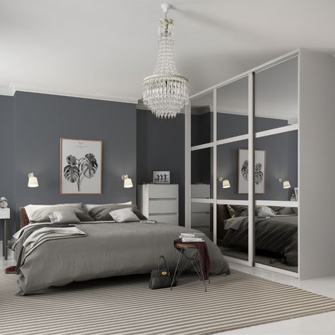 In need of wardrobe door inspiration? Our Howdens Grey Sliding Wardrobe Doors are a perfect addition to any bedroom design. Finish with grey bedroom walls and matching grey bedding. Grey Wardrobe Bedroom, Grey Sliding Wardrobe, White Wardrobe Bedroom, Grey Wardrobe, Bedroom Cupboards, Sliding Wardrobe Doors, Door Inspiration, Bedroom False Ceiling Design, Wardrobe Door