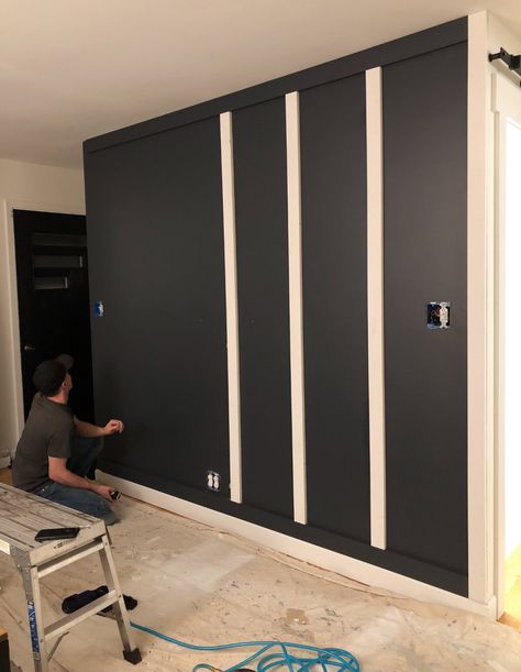 Small Bedroom With Black Accent Wall, Black Panel Accent Wall Bedroom, White Board And Batten Dark Wall, Board And Batten Black Wall, Dark Gray Board And Batten Wall, Black Kitchen Accent Wall, Iron Ore Board And Batten Wall, Dining Room Black Accent Wall, Dark Accent Wall Colors