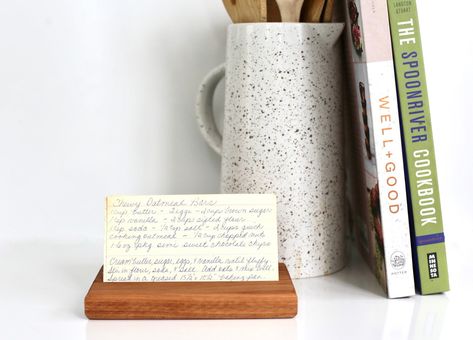 Cookbook Counter Display, Recipe Book Holder In Kitchen, Recipe Holder Stand, Recipe Card Holder Stand, Clothespin Recipe Card Holder, Chewy Oatmeal Bars, Recipe Card Holders, Entry Wall, Countertop Display