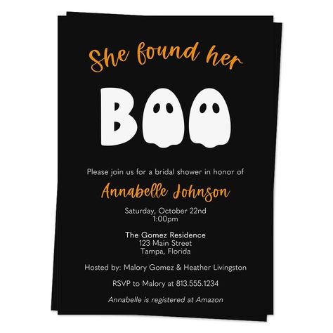 PRICES MAY VARY. Invite guests to your bridal shower with this Halloween inspired invitation featuring two ghosts. ♥ Includes 12 Invitations and 13 White Envelopes. ♥Invitations measure 5x7 inches and custom printed with your even details. ♥ Printed on high quality matte smooth finish card stock. ♥ All our products are Made with Love in the USA. ♥ Female owned & veteran owned small business. Invite guests to your bridal shower with this Halloween inspired invitation featuring two ghosts. She Found Her Boo, Halloween Bridal Showers, Two Ghosts, Personalized Cards, Lingerie Shower, Halloween Autumn, Spooky Ghost, Advice Cards, Engagement Invitations