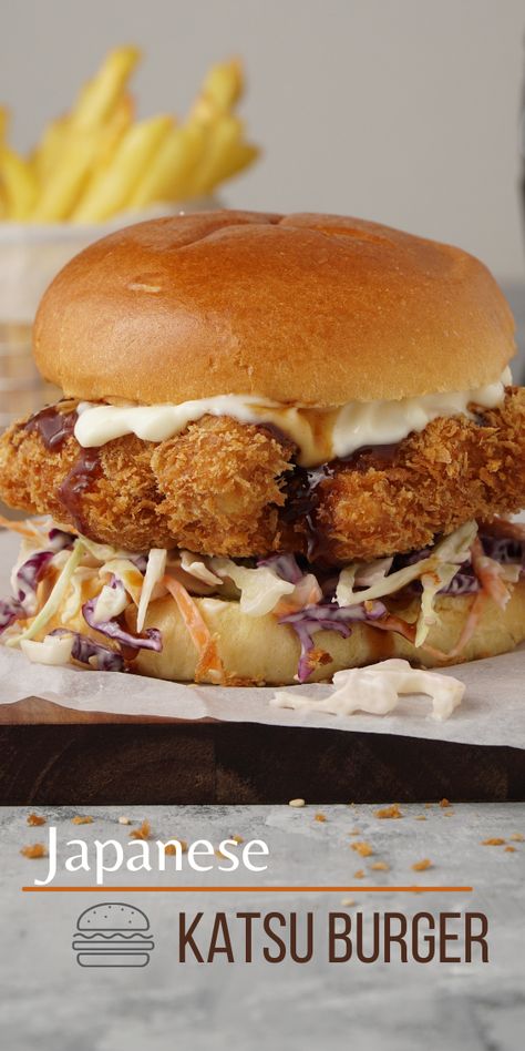 japanese style burger- chicken katsu Cabbage Japanese, Japanese Chicken Katsu, Katsu Burger, Chicken Katsu Recipes, Japanese Mayo, Katsu Recipes, Crispy Chicken Burgers, Tonkatsu Sauce, Homemade Burger