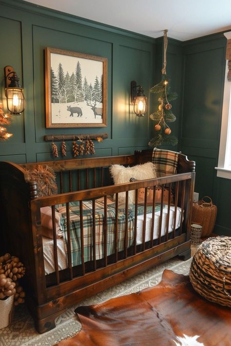 29 Nursery Room Ideas for a Boy: Unique and Adorable Designs 13 Nursery Ideas Wilderness, Neutral Woodsy Nursery, House Interior Unique, Witch Nursery Ideas, Scotland Themed Nursery, Baby Boys Room Nursery, Unknown Gender Nursery, Baby Boy Nursery Woodland Theme, Dark Nursery Ideas Girl