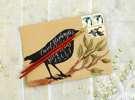 Black Crow Halloween Mail Art Tutorial – The Postman's Knock Halloween Mail, More Love Letters, Art Envelopes, Learn Modern Calligraphy, Envelope Tutorial, Mail Art Envelopes, Holiday Envelopes, Bird Template, Bird Stencil