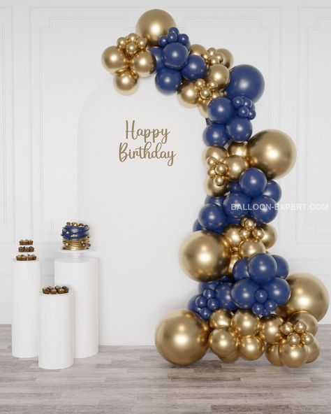 Navy Blue and Gold Balloon Garland, 12 feet long from Balloon Expert Royal Blue And Gold Balloon Arch, Navy And Gold Balloon Garland, Mens Birthday Decorations, Blue And Gold Balloon Garland, Baloon Garland, Prom Balloons, Gold Balloon Garland, White Party Theme, Champagne Balloons