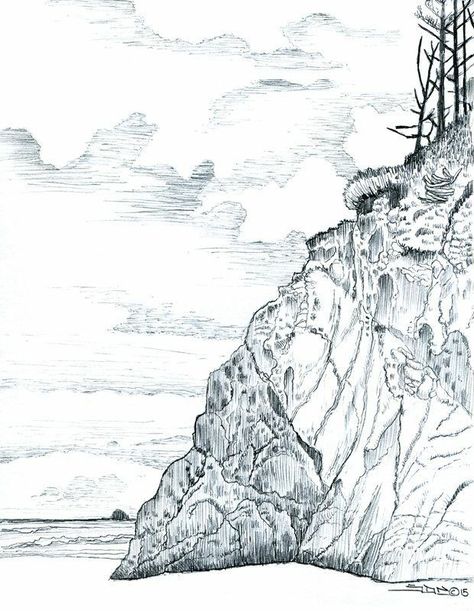 Cliff Sketch, Pencil Sketches Landscape, Cliff Face, Sea Cliff, Cannon Beach Oregon, Pencil Sketches, Art Pencil, Cannon Beach, Pencil Art Drawings