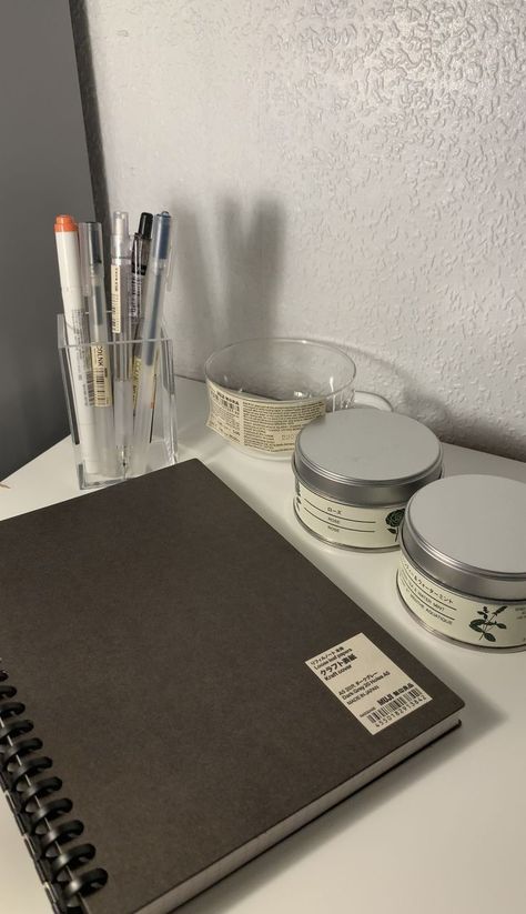 mini muji haul stock up for the winter. candles, a b5 notebook binder with refill grid paper. a glass mug and acrylic pen stand Muji Binder Notebook, Aesthetic Binder School, Binder Notebook Aesthetic, School Binder Aesthetic, Muji Binder, Muji Haul, Binder Aesthetic, Aesthetic Binder, Muji Stationary