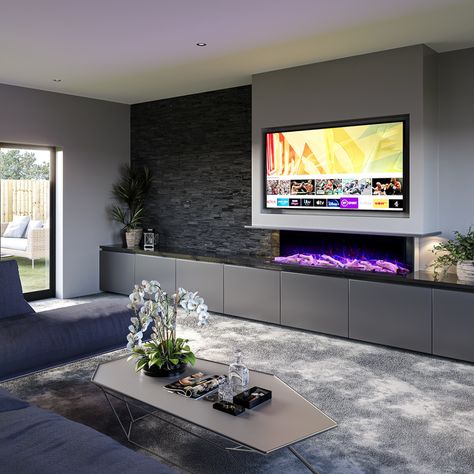 Built In Tv Wall Unit With Fireplace Modern Living, Panoramic Fireplace Ideas, Fire Ideas, Media Walls, Diy Wall Design, Dads Room, Built In Electric Fireplace, Wall Unit Designs, Wall Fires