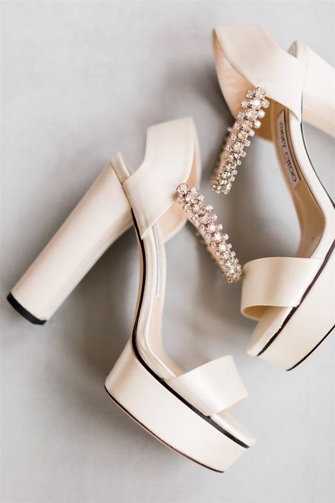 wedding shoes ivory jimmy choo platform heels with open toe and heel rhinestone ankle strap Brides Heels, Kasut Pengantin, Jimmy Choo Platform, Bride Things, Wedding Sandals Heels, White Block Heel Sandals, Luxury Reception, Wedding Shoes Ivory, Concrete Wedding