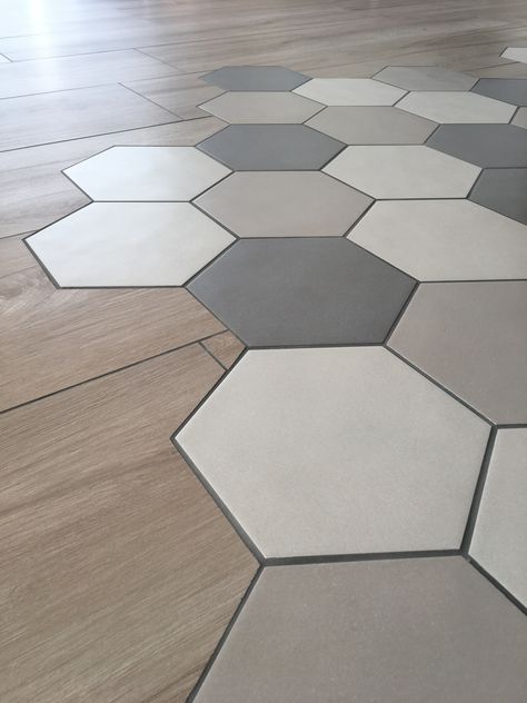 Octagon Tile Into Wood Floor, Tile Wood Flooring Transition, Wooden Ceramic Tiles, Hexagon Kitchen Floor Tile, Hexagon Tiles Bathroom, Hexagonal Floor Tiles, Hexagon Kitchen, Hexagon Tile Kitchen, Tile To Wood Transition