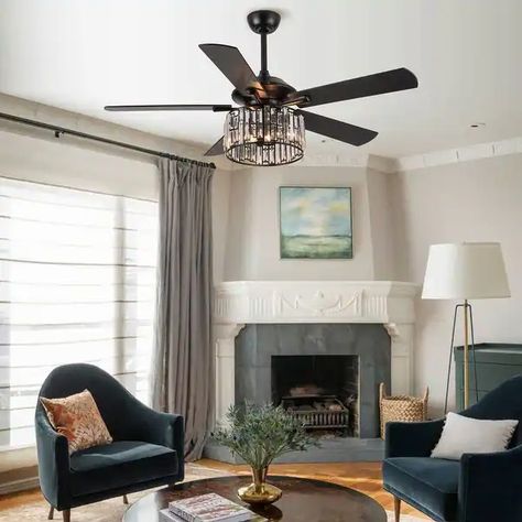 52" Matte Black Wood 5-Blade Crystal Ceiling Fan with Remote - On Sale - Bed Bath & Beyond - 34481176 Living Room Fan, Chandelier Ceiling Fan, Crystal Ceiling Fan, Indoor Chandelier, Room Fan, Ceiling Fan Light Kit, Stair Lighting, Stone Look Tile, Marble Look Tile