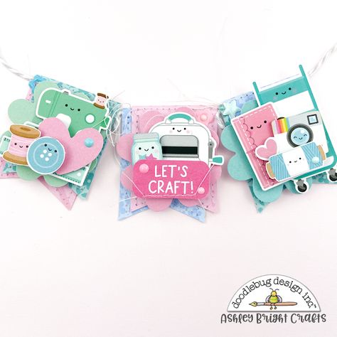 Doodlebug Design Inc Blog: CUTE & CRAFTY MINI BANNER | with Ashley Scrapbook Embellishments Diy, Banner Shapes, Card Embellishments, Scrapbook Layout Sketches, Summer Happy, Craft Area, Craft Room Decor, Doodlebug Design, Craft Corner