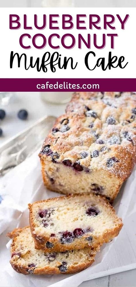 This blueberry coconut muffin cake is like a huge fluffy muffin in a tin. A beautifully fluffy muffin-like cake filled with juicy blueberries with a hint of coconut and vanilla. No one will ever know this cake is low in fat. Perfect for breakfast with a steaming hot mug of tea or coffee. Coconut Blueberry Muffins, Coconut Blueberry Cake, Blueberry Coconut Cake, Saturday Appetizers, Coconut Sugar Recipes, Coconut Muffin Recipes, Blueberry Cream Pies, Coconut And Vanilla, Desserts With Few Ingredients