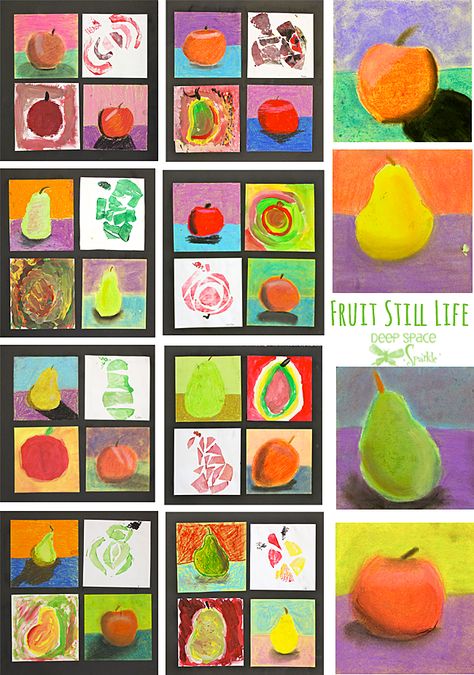 4 media studies: Fruit-Still-Life-art-lesson oil pastel, chalk pastel, tempera, friendly foam collagraph Fruit Study, Fruit Still Life, Deep Space Sparkle, Study Art, 2nd Grade Art, 6th Grade Art, 4th Grade Art, Chalk Pastel, 3rd Grade Art