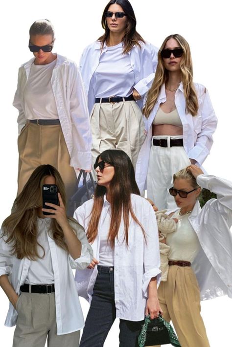 WNU Boyfriend white shirts inspo on ROSIE HUNTINGTON WHITELY, MATHILDE GOHLER, KENDALL JENNER, LEIA SFEZ, ELSA HOSK, PERNILLE TEISBAEK. Style the classic white shirt, open and flowing over a neutral top with a tailored pair of wide leg trousers – preferably in a neutral shade – dressed up or down depending on your sandal choice. Poplin Shirt Street Style, Men Shirt Women Outfit, Over Size White Shirt Outfit, Open White Shirt Outfit Women, Man Shirt Woman Outfit, White Mens Shirt Women Outfit, Kendall Jenner White Shirt, Men’s Dress Shirt Outfit Women, Open White Shirt Outfit