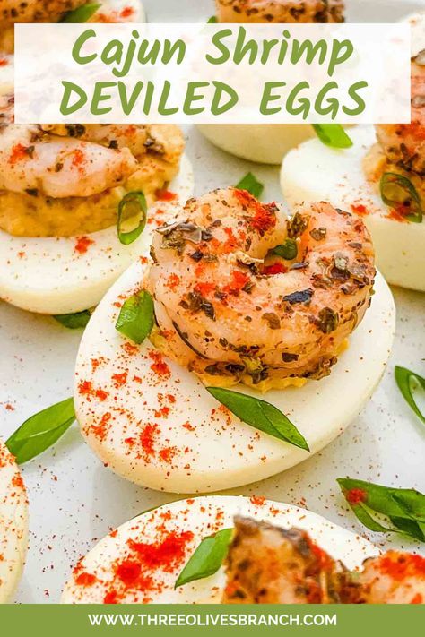 Cajun Shrimp Deviled Eggs are a spicy appetizer recipe perfect for a holiday like Easter or game day. Flavored deviled eggs are topped with seasoned shrimp for a fun seafood snack. Gluten free. Shrimp Deviled Eggs Recipes, Spicy Appetizer Recipes, Deviled Eggs Recipes, Gourmet Deviled Eggs, Angel Eggs, Shrimp Deviled Eggs, Seasoned Shrimp, Italian Recipes Appetizers, Savory Recipe