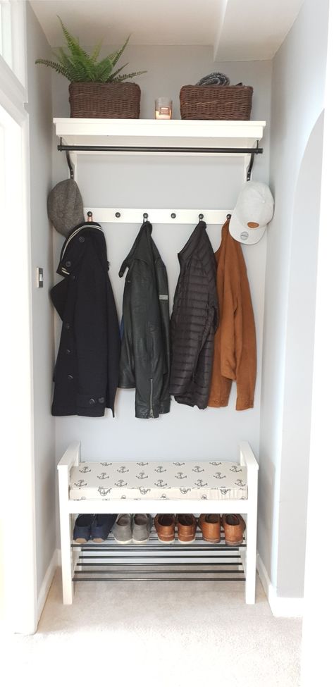 Added bespoke cushion to Ikea Hemnes hallway furniture to make am awesome mud bench #ikea #hemnes Hemnes Hallway, Ikea Hemnes Shoe Bench Hack, Ikea Hemnes Shoe Bench, Hallway Coat And Shoe Storage Ikea, Hemnes Bench, Ikea Shoe Cabinet Coat Rack, Bubby Woth Hook Shoe Rack, Shoe And Coat Rack Dunelm, Mud Bench