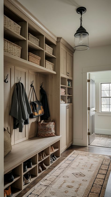 42 Stylish Mudroom Ideas: Entryway Modern, DIY, Farmhouse & More Mudroom With Coat Rod, Mudroom Angled Wall, Mudroom With Mail Center, Boot Room Organization, Drop Zone Mudroom, Rustic Modern Mudroom, European Mudroom, Mudroom With Shoe Storage, Open Mudroom Entryway